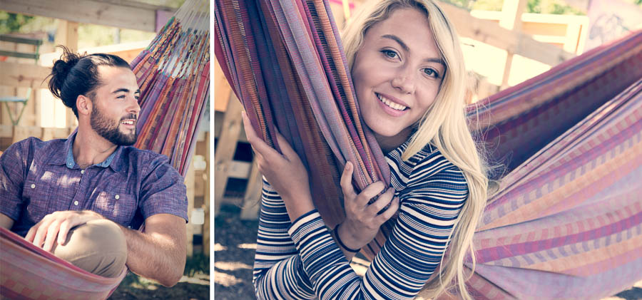 Female Model posing with Long Blond Hair while swinging in a hammock